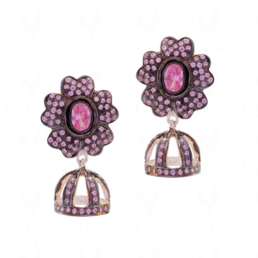 Tourmaline Color Stone Studded Flower Shaped 925 Solid Silver Earrings Se011063