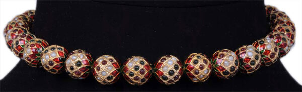 Pearl, Ruby & Emerald Studded Jadau Ball Necklace With Enamel Work Ln011063