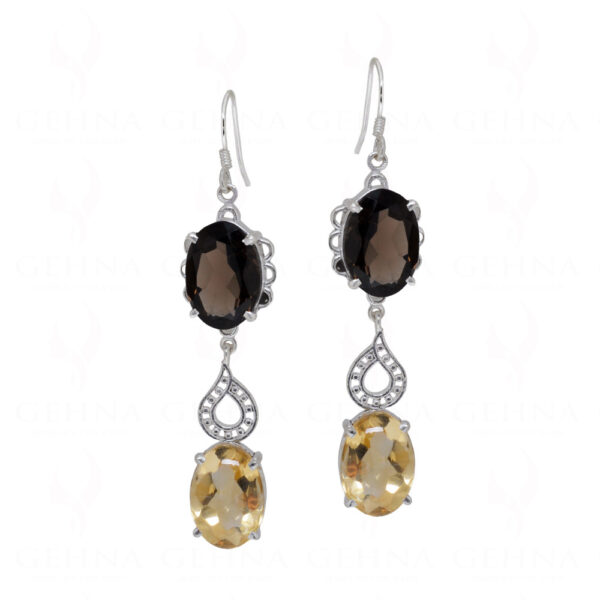 Smoky & Citrine Round Shaped Gemstone Studded 925 Silver Earrings SE04-1065