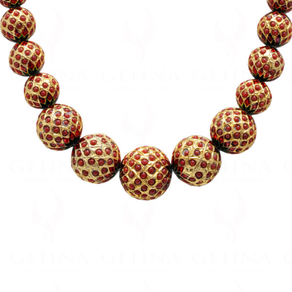 Coral Stone Studded Jadau Ball Necklace With Enamel Work Ln011065