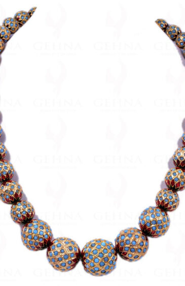 Turquoise Gemstone Studded Jadau Ball Necklace With Enamel Work Ln011067