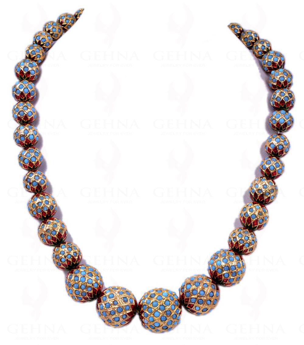 Turquoise Gemstone Studded Jadau Ball Necklace With Enamel Work Ln011067