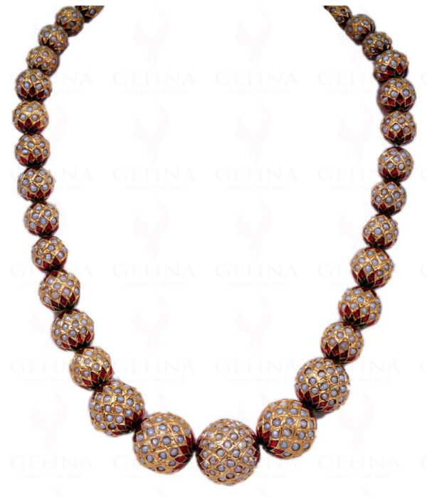 Pearl Studded Jadau Ball Necklace With Enamel Work Ln011068