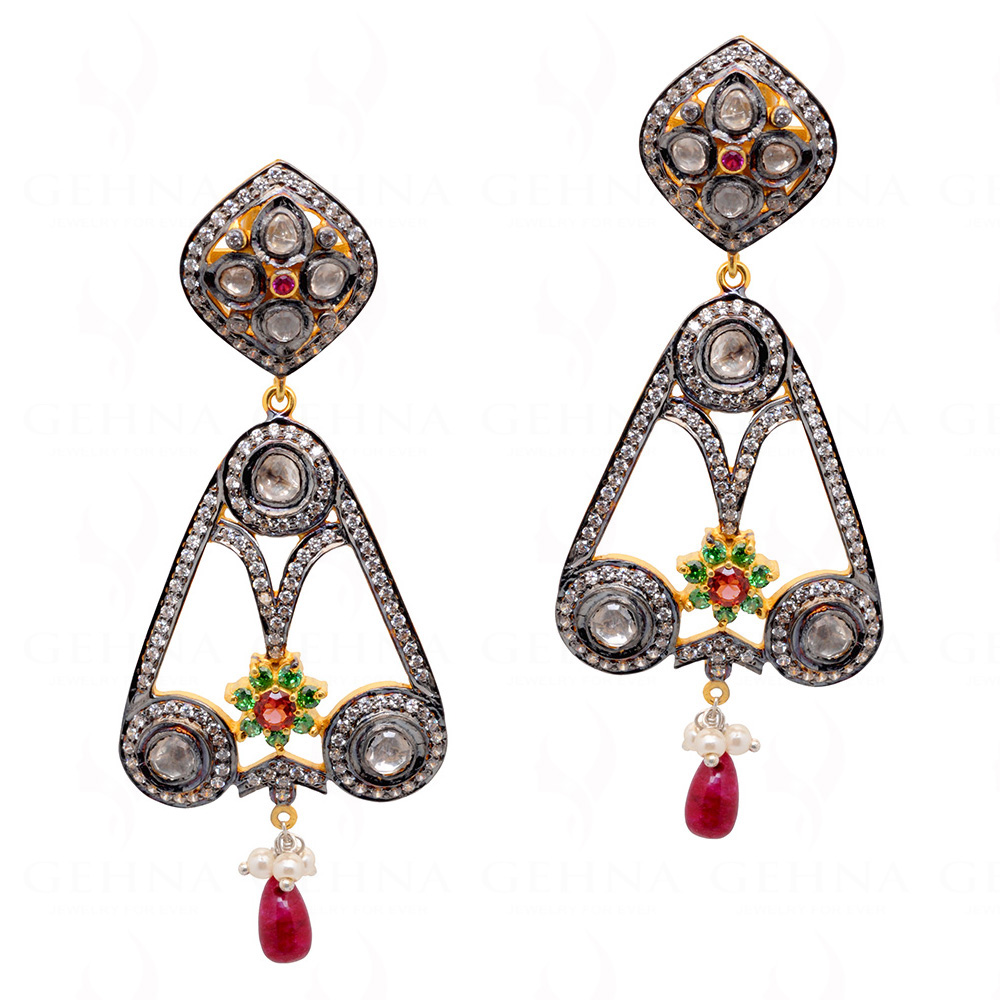 Ruby,Tourmaline,T-Savorite, Pearl & Topaz Studded 925 Silver Earrings Se011068