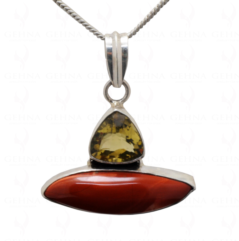 Lemon Topaz & Red Jasper Gemstone Studded 925 Sterling Silver Pendant Sp031068