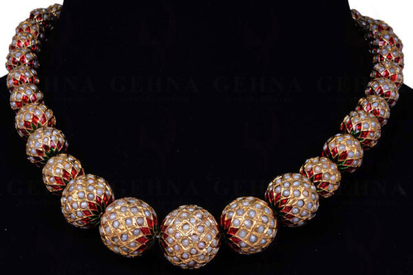 Pearl Studded Jadau Ball Necklace With Enamel Work Ln011068