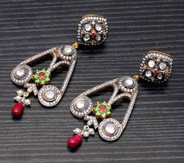 Ruby,Tourmaline,T-Savorite, Pearl & Topaz Studded 925 Silver Earrings Se011068