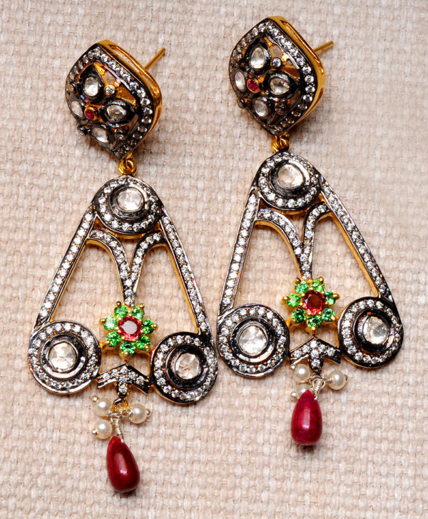 Ruby,Tourmaline,T-Savorite, Pearl & Topaz Studded 925 Silver Earrings Se011068