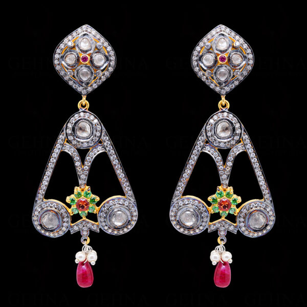 Ruby,Tourmaline,T-Savorite, Pearl & Topaz Studded 925 Silver Earrings Se011068