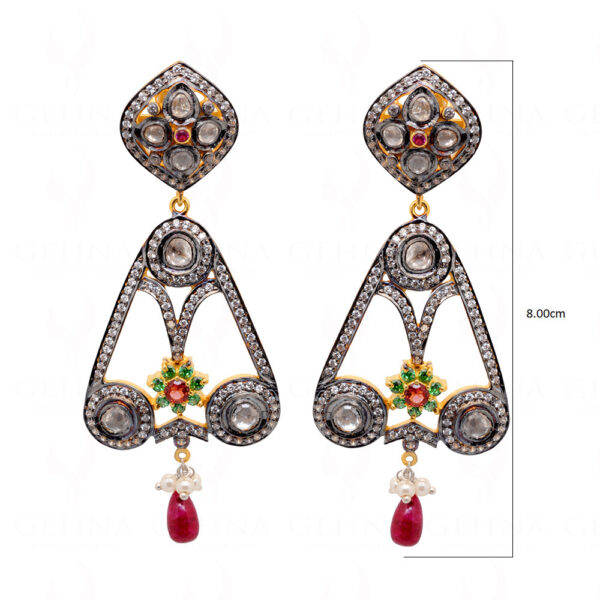 Ruby,Tourmaline,T-Savorite, Pearl & Topaz Studded 925 Silver Earrings Se011068