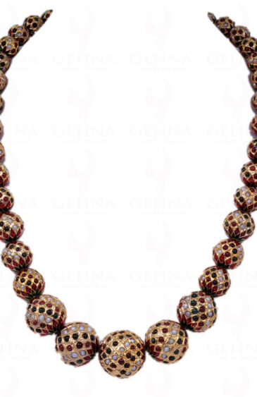 Pearl, Ruby & Emerald Stone Studded Jadau Ball Necklace Ln011069