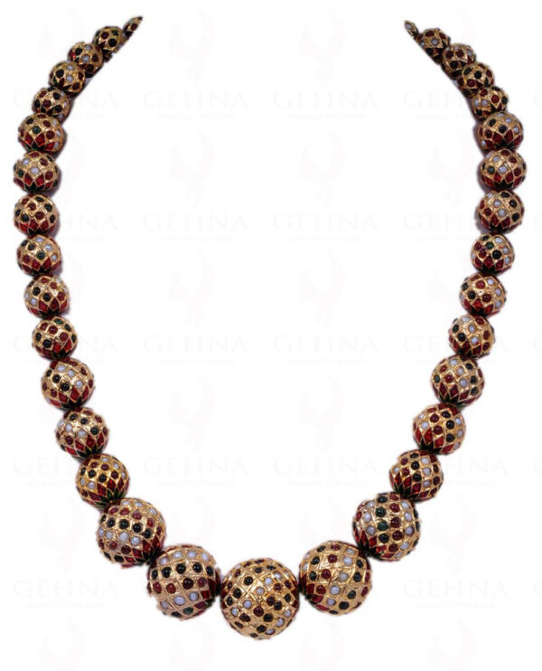 Pearl, Ruby & Emerald Stone Studded Jadau Ball Necklace Ln011069