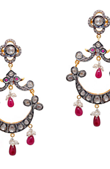 Ruby & White Sapphire Rose Cut Polki Earrings In 925 Sterling Silver Se011071