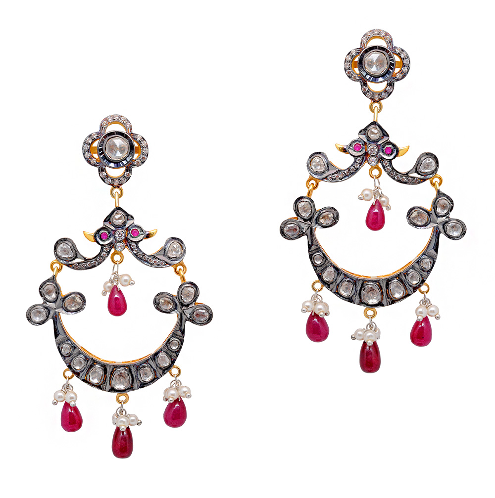 Ruby & White Sapphire Rose Cut Polki Earrings In 925 Sterling Silver Se011071