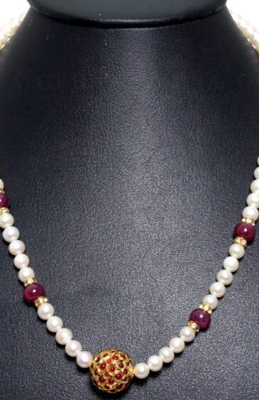 Natural Pearl, Pink Tourmaline Gemstone With Jadau Ball Pendant Set Ln011073