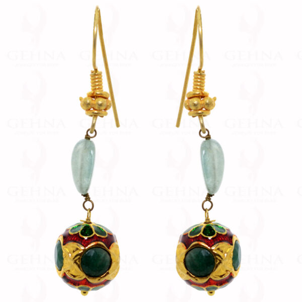 Natural Aquamarine Gemstone Bead With Jadau Balls Necklace & Earring Ln011074