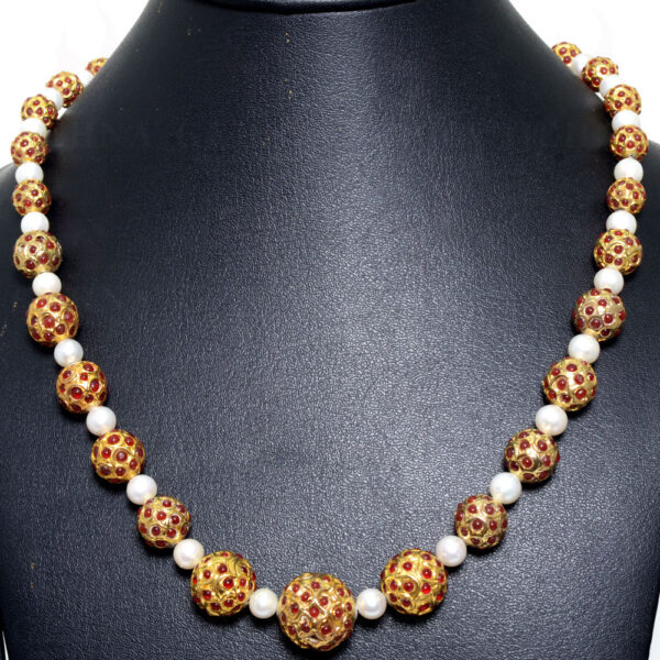 Pearl Bead & Ruby Studded Jadau Ball Necklace & Earring Set Ln011075