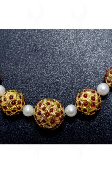 Pearl Bead & Ruby Studded Jadau Ball Necklace & Earring Set Ln011075