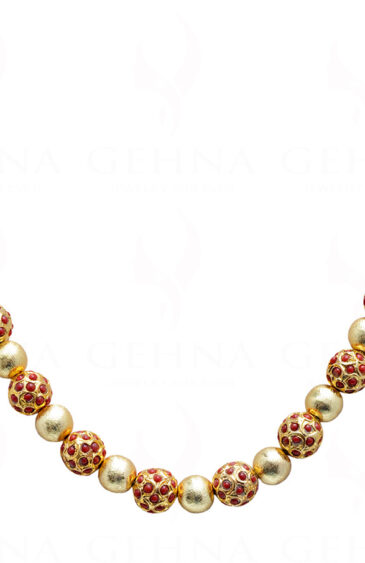 Gold Coated Balls With Coral Studded Jadau Ball Necklace & Earring Set Ln011076