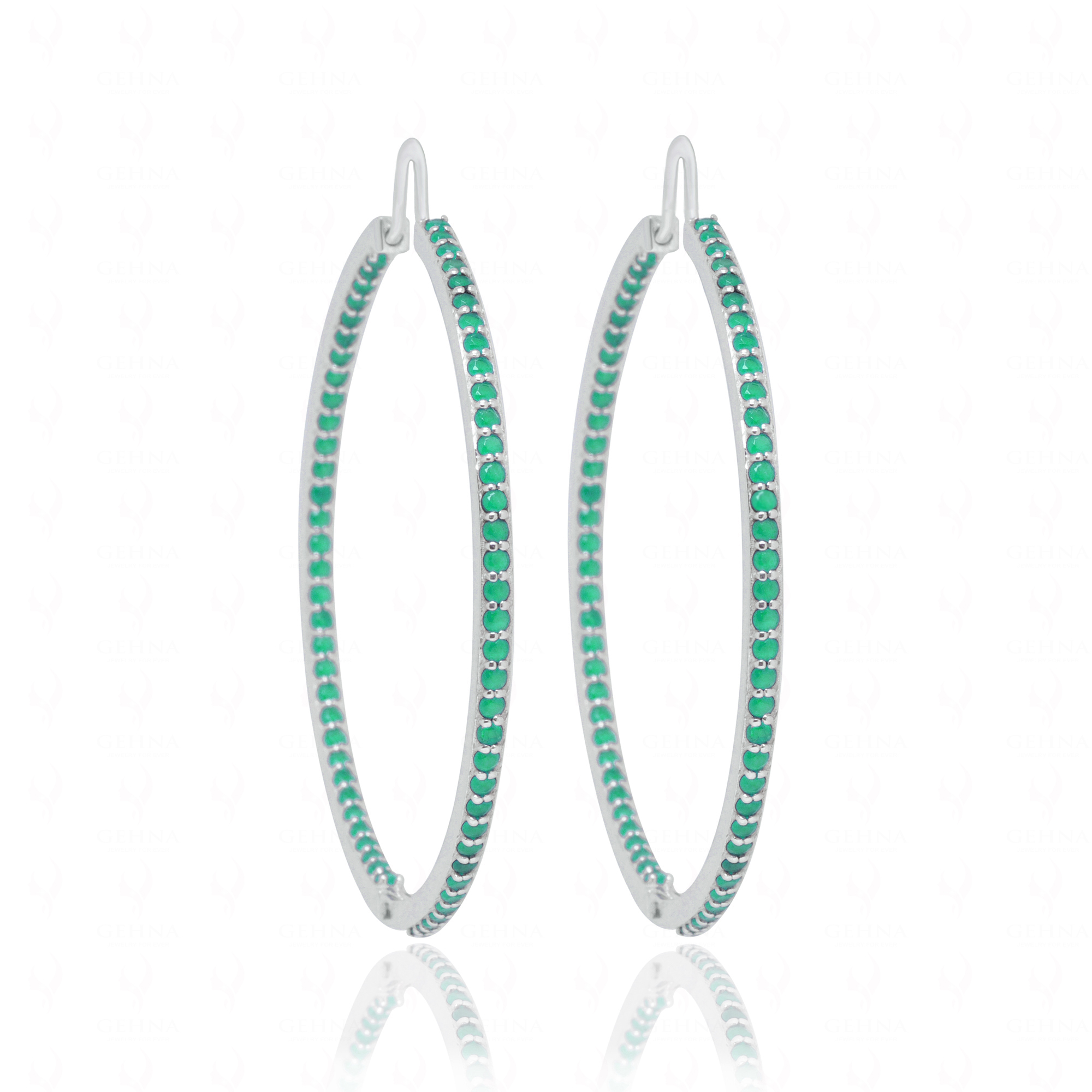 Emerald Gemstone Studded Hoop Style Beautiful 925 Silver Earrings Se011076
