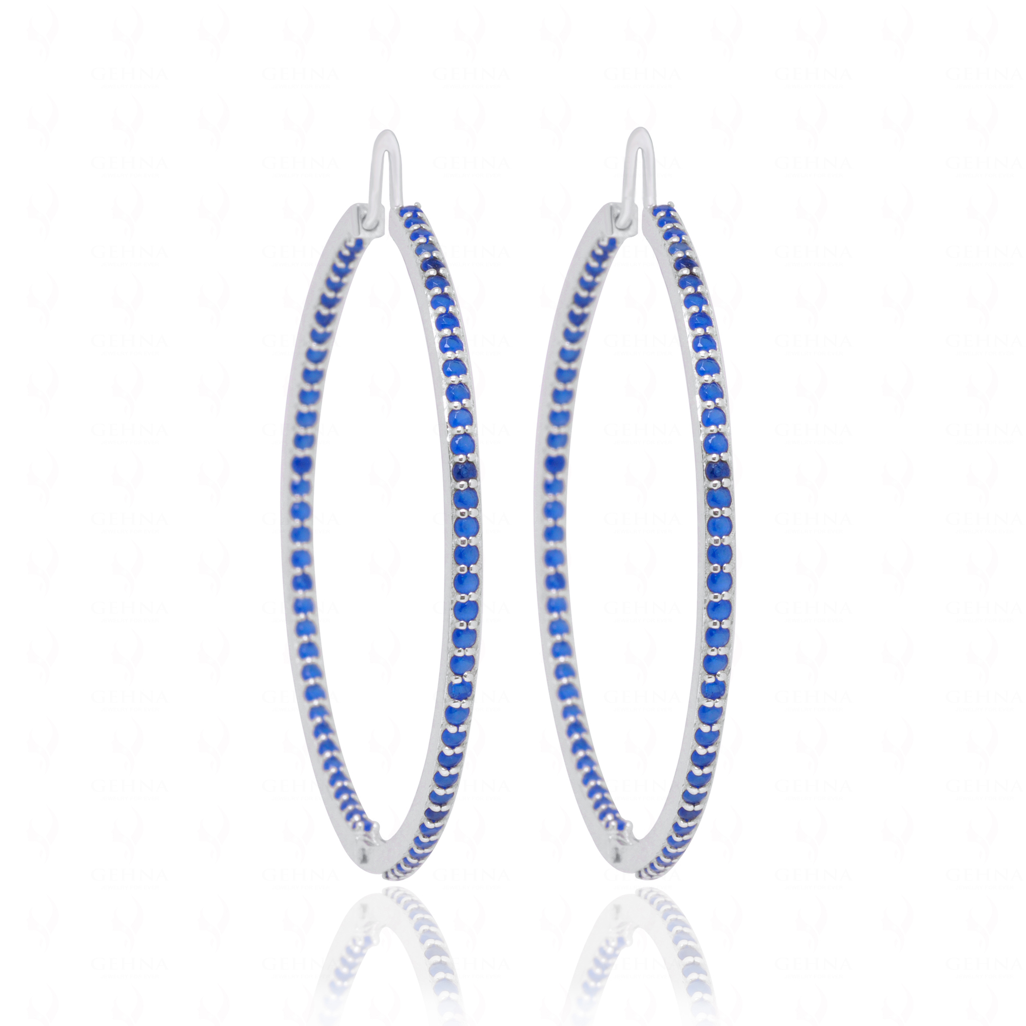 Sapphire Gemstone Studded Hoop Style Beautiful Sterling Silver Earrings Se011077