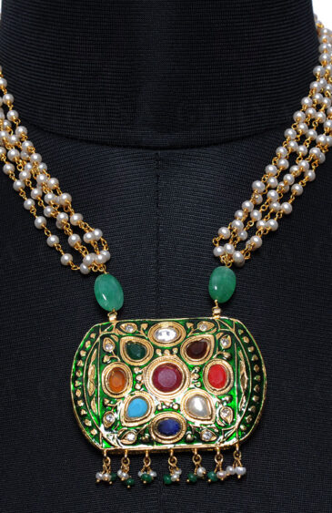 Multi Color Stone Studded Jadau Pendant Set, Green Enamel & Pearl Chain Ln011078