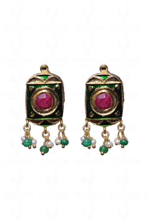 Multi Color Stone Studded Jadau Pendant Set, Green Enamel & Pearl Chain Ln011078