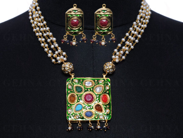 9 Color Stones Studded Square Shaped Jadau Pendant Set With Pearl Chain Ln011079