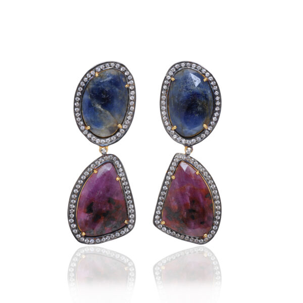 Natural Blue Sapphire & Ruby Gemstone 925 Silver Earrings Se011079