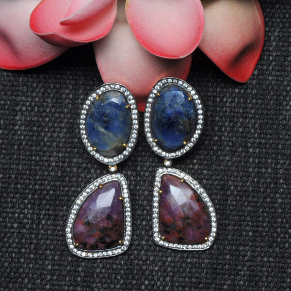 Natural Blue Sapphire & Ruby Gemstone 925 Silver Earrings Se011079