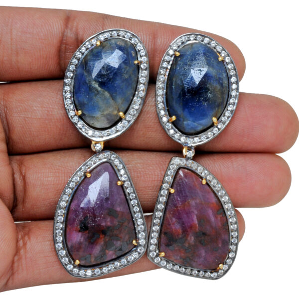 Natural Blue Sapphire & Ruby Gemstone 925 Silver Earrings Se011079