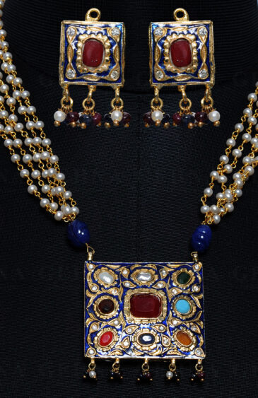 Multi Color Stone Studded Jadau Pendant Set, Blue Enamel & Pearl Chain Ln011080