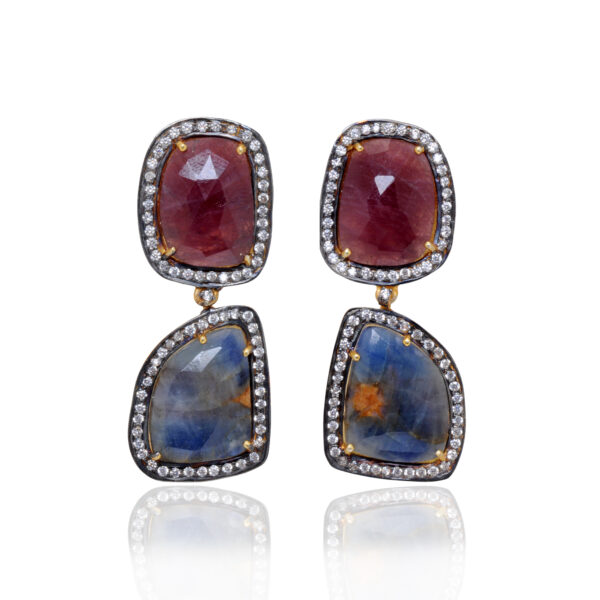 Natural Blue Sapphire & Ruby Gemstone 925 Silver Earrings Se011080