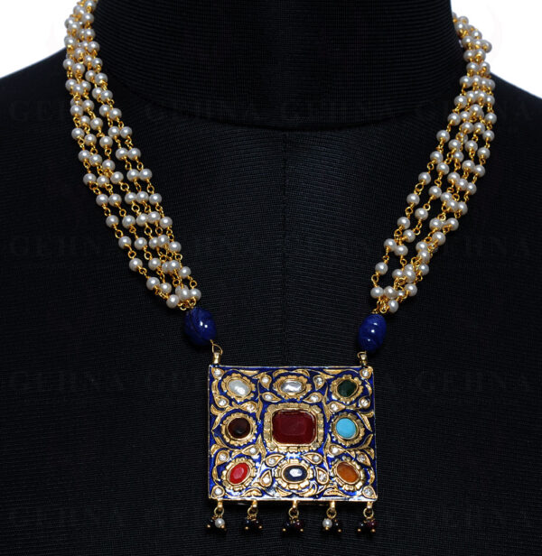 Multi Color Stone Studded Jadau Pendant Set, Blue Enamel & Pearl Chain Ln011080