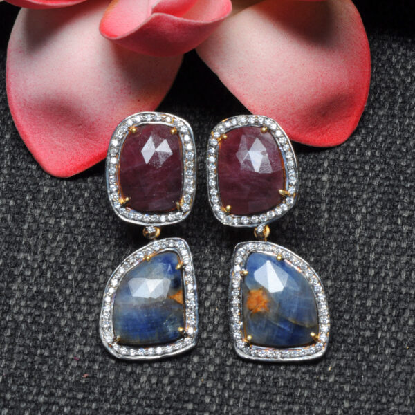 Natural Blue Sapphire & Ruby Gemstone 925 Silver Earrings Se011080