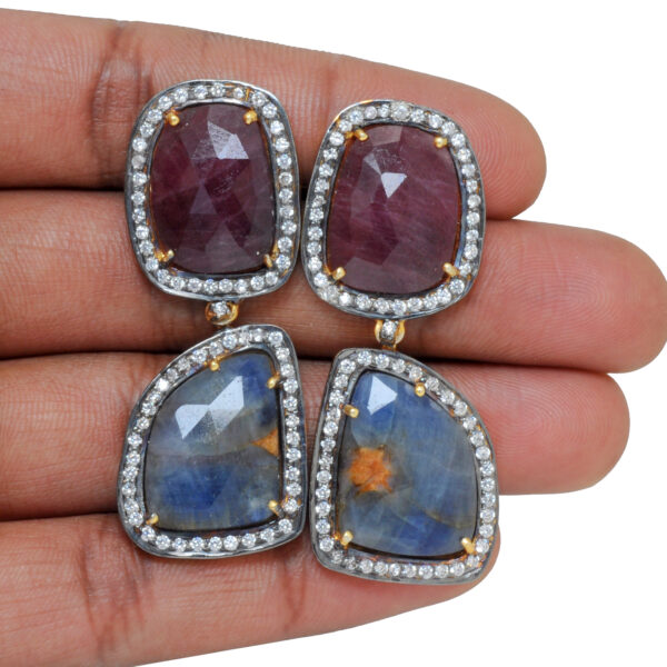 Natural Blue Sapphire & Ruby Gemstone 925 Silver Earrings Se011080