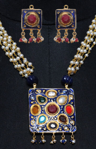 9 Color Stone Studded Jadau Pendant Set, Blue Enamel & Pearl Chain Ln011081