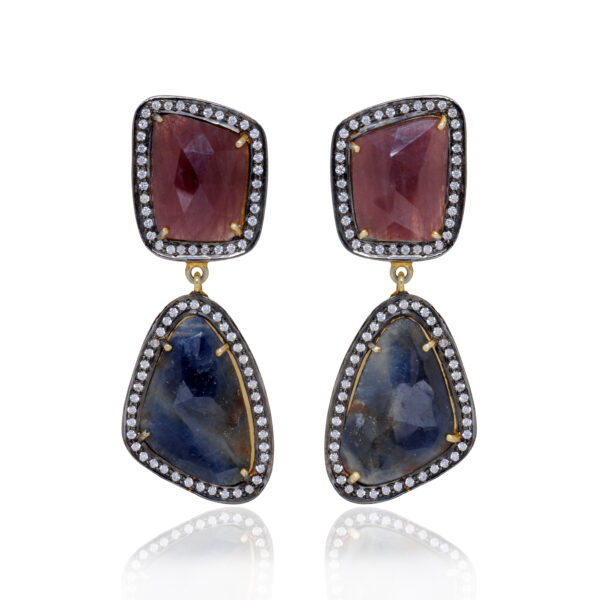 Natural Blue Sapphire & Ruby Gemstone 925 Silver Earrings Se011081