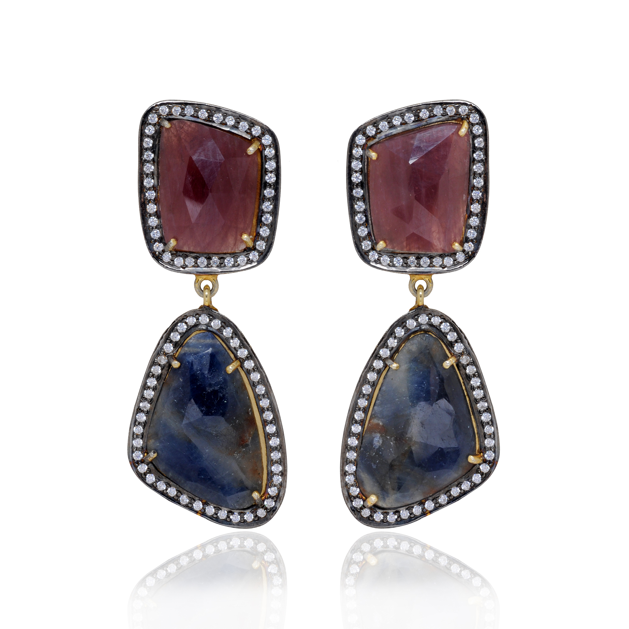 Natural Blue Sapphire & Ruby Gemstone 925 Silver Earrings Se011081