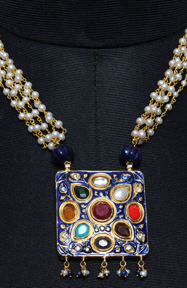 9 Color Stone Studded Jadau Pendant Set, Blue Enamel & Pearl Chain Ln011081