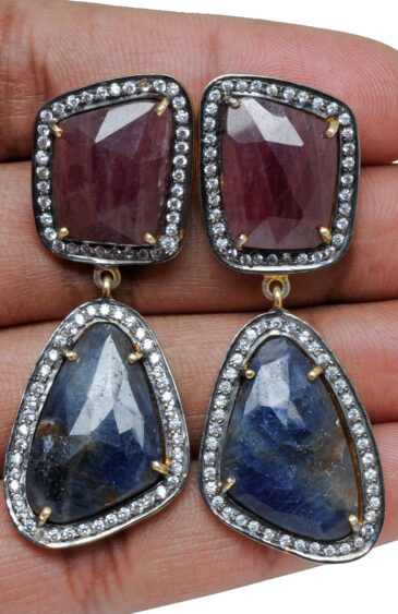 Natural Blue Sapphire & Ruby Gemstone 925 Silver Earrings Se011081