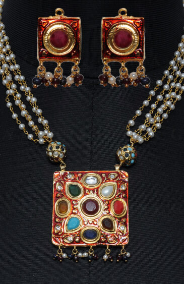 Multi Color Stone Studded Jadau Pendant Set, Red Enamel & Pearl Chain Ln011082