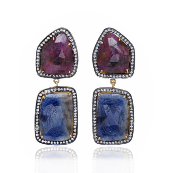 Natural Blue Sapphire & Ruby Gemstone 925 Silver Earrings Se011082