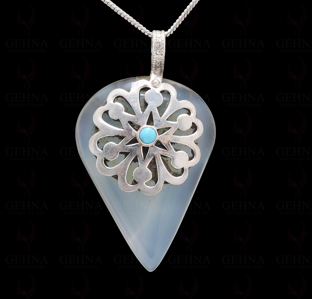 Turquoise & Chalcedony Gemstone Studded 925 Sterling Silver Pendant Sp031082
