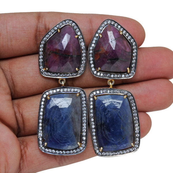 Natural Blue Sapphire & Ruby Gemstone 925 Silver Earrings Se011082