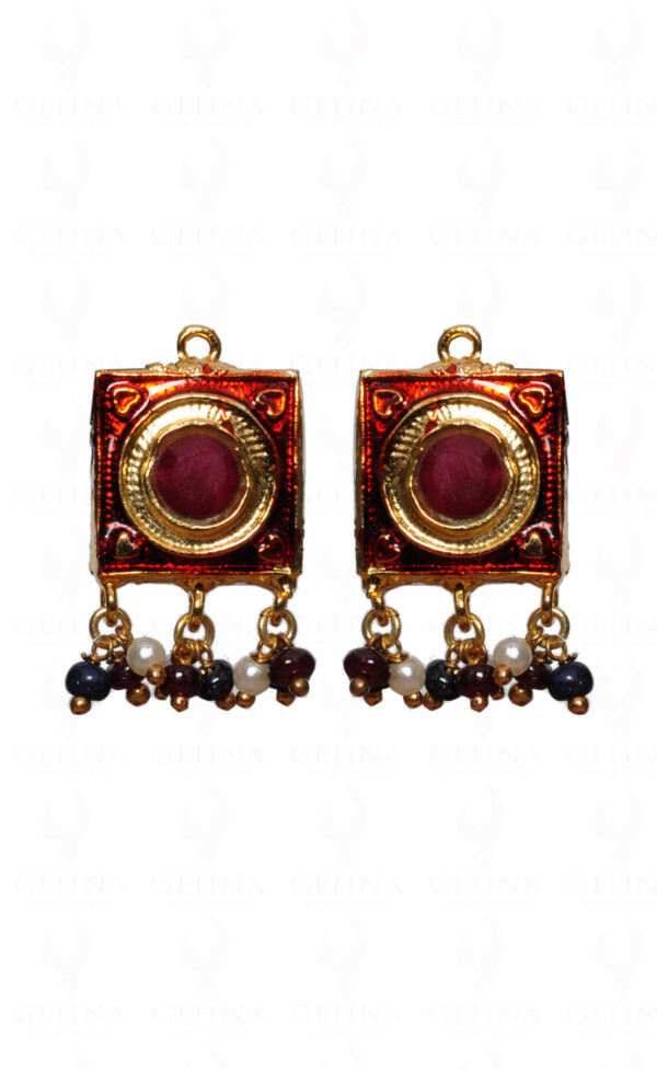 Multi Color Stone Studded Jadau Pendant Set, Red Enamel & Pearl Chain Ln011082