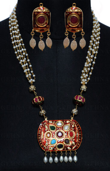 9 Color Stone Studded Jadau Pendant Set, Red Enamel & Pearl Chain Ln011083
