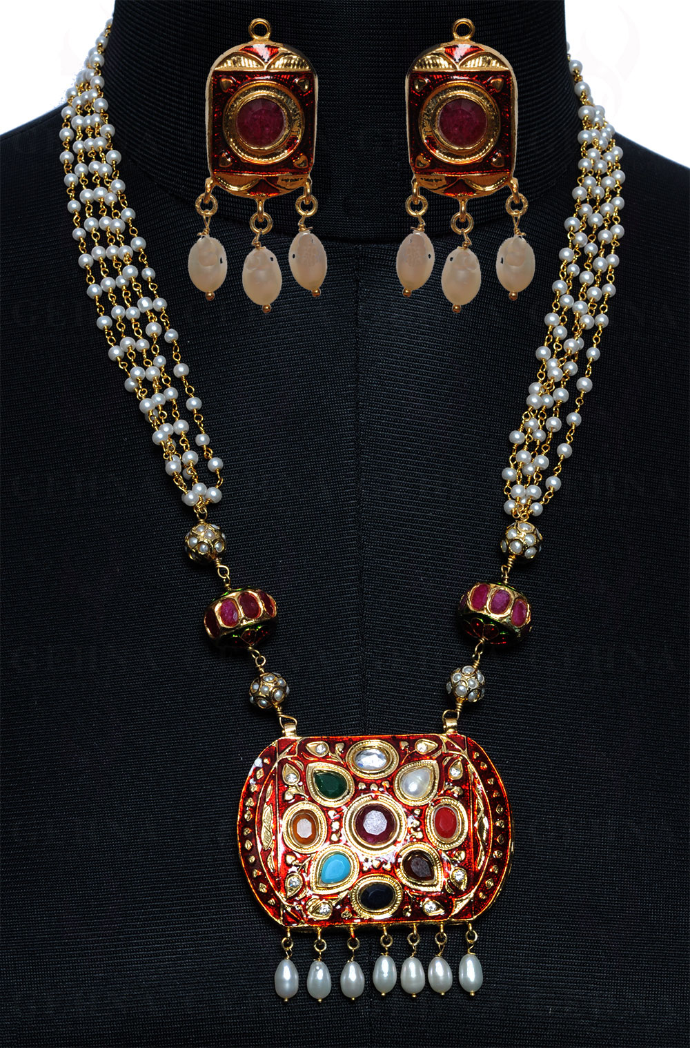 9 Color Stone Studded Jadau Pendant Set, Red Enamel & Pearl Chain Ln011083