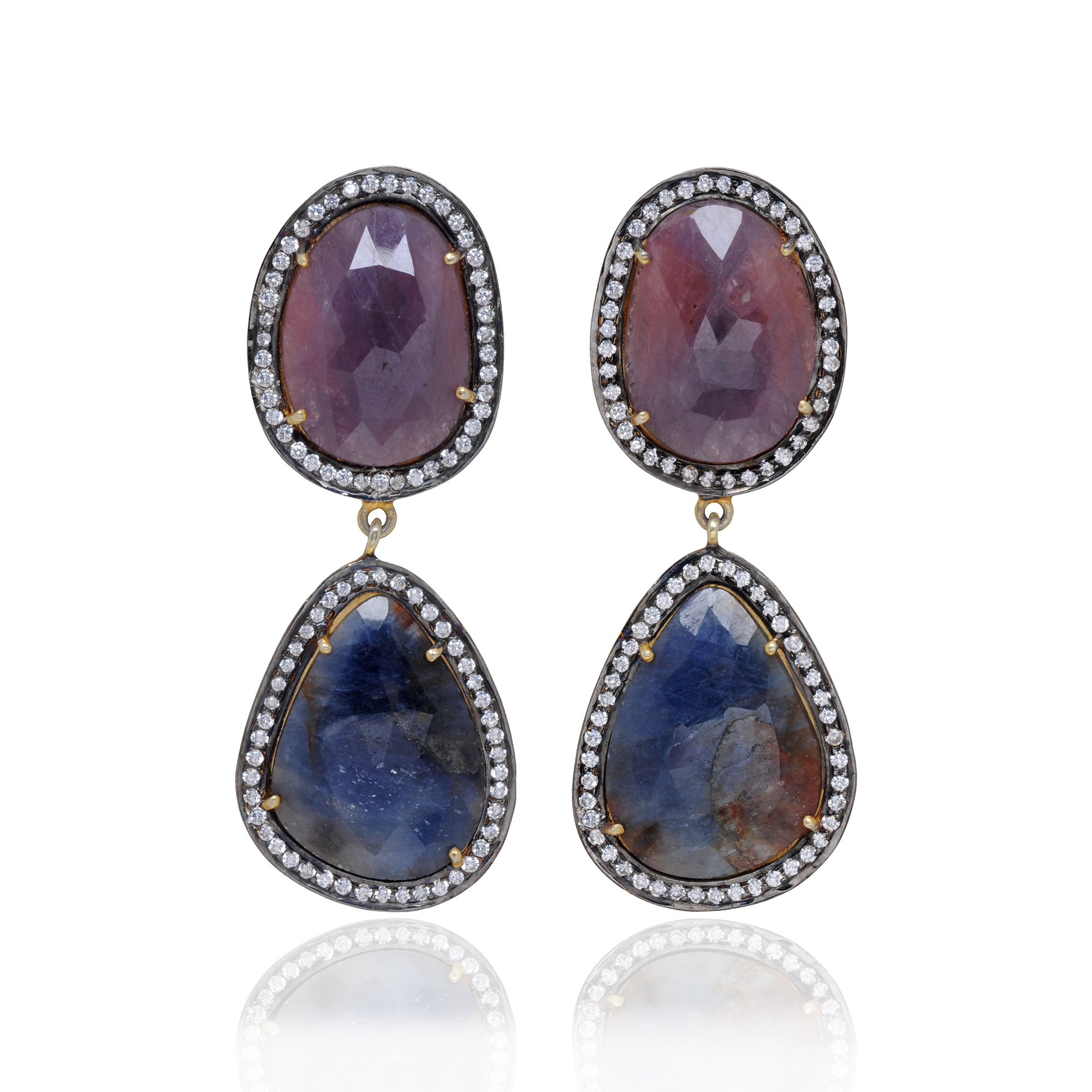 Natural Blue Sapphire & Ruby Gemstone 925 Silver Earrings Se011083