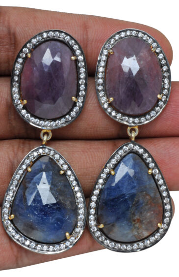 Natural Blue Sapphire & Ruby Gemstone 925 Silver Earrings Se011083